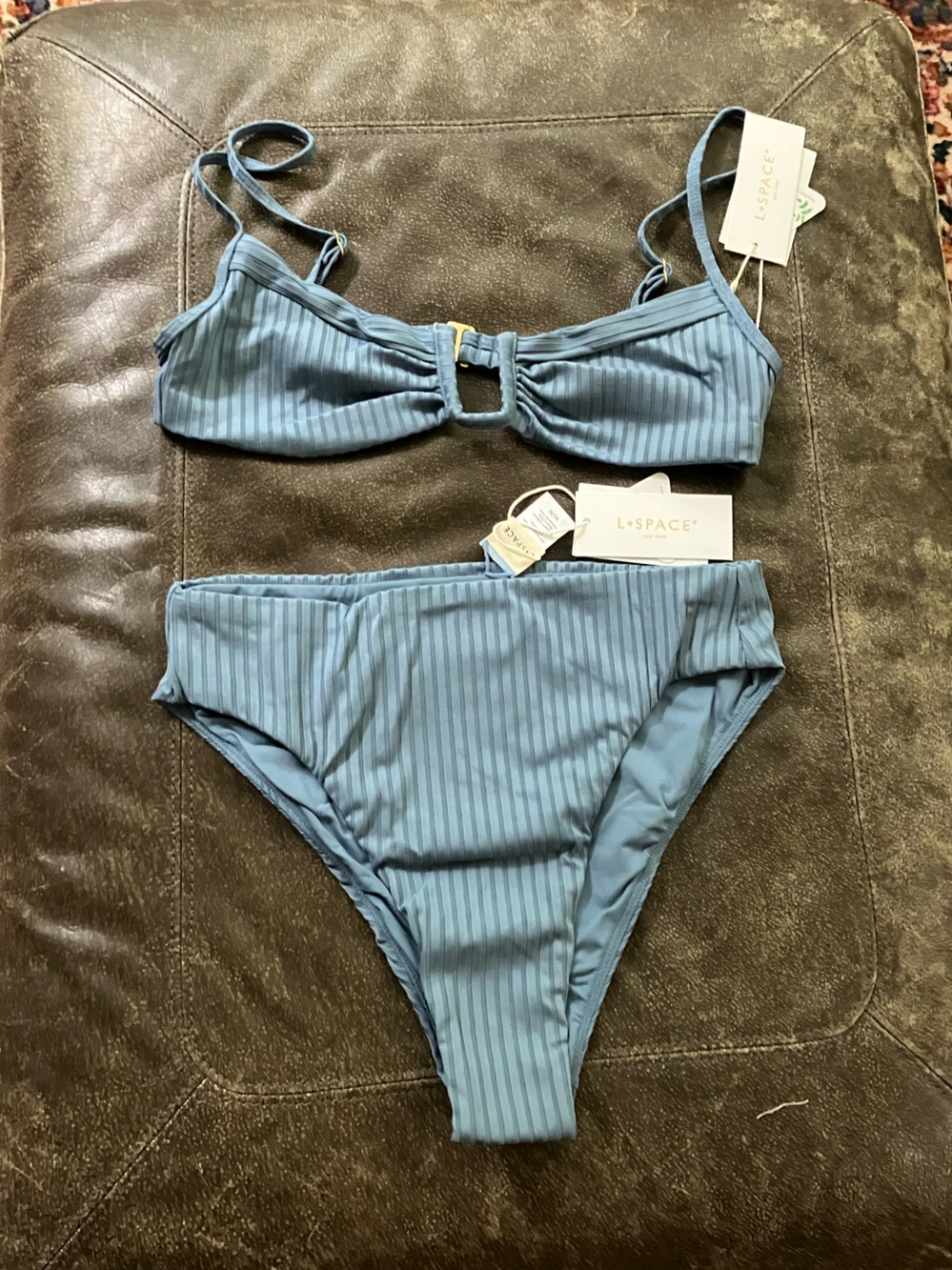 l*space Ribbed Slate Blue Bikini Set with Ring Detail